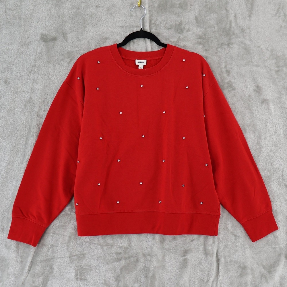 J.Crew Embellished Sweatshirt Womens Large Red‎ Rhinestone Festive Glam $115 NWD